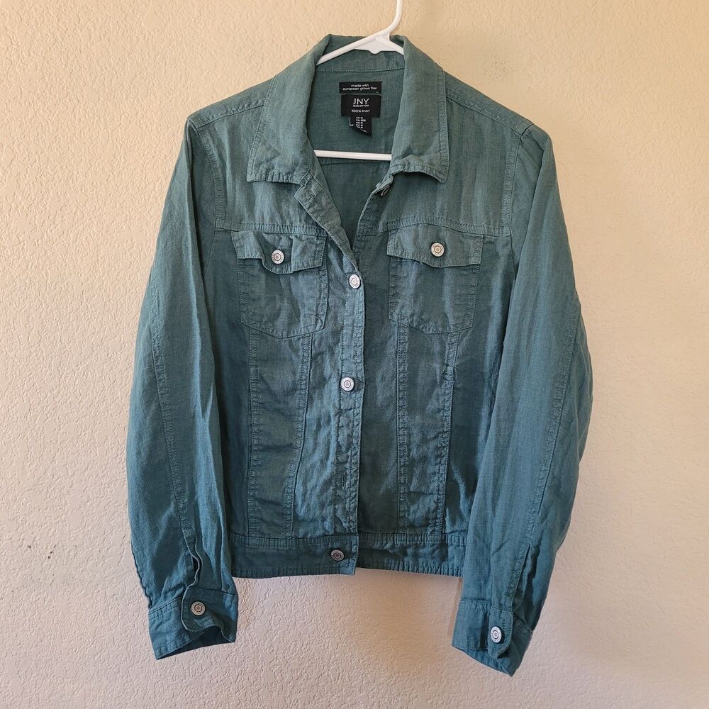 JNY Jones New York Womens M Flax Linen Button Down Trucker Jacket Green Preppy